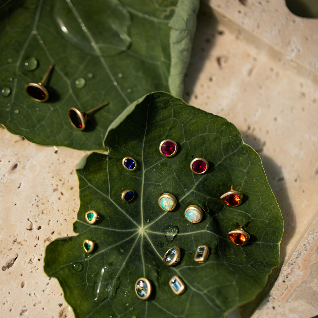 Blue Sapphire Oval Bezel Matte Stud Earrings - Consider the Wldflwrs