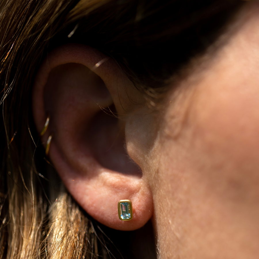 Aquamarine Emerald Cut Bezel Matte Stud Earrings - Consider the Wldflwrs