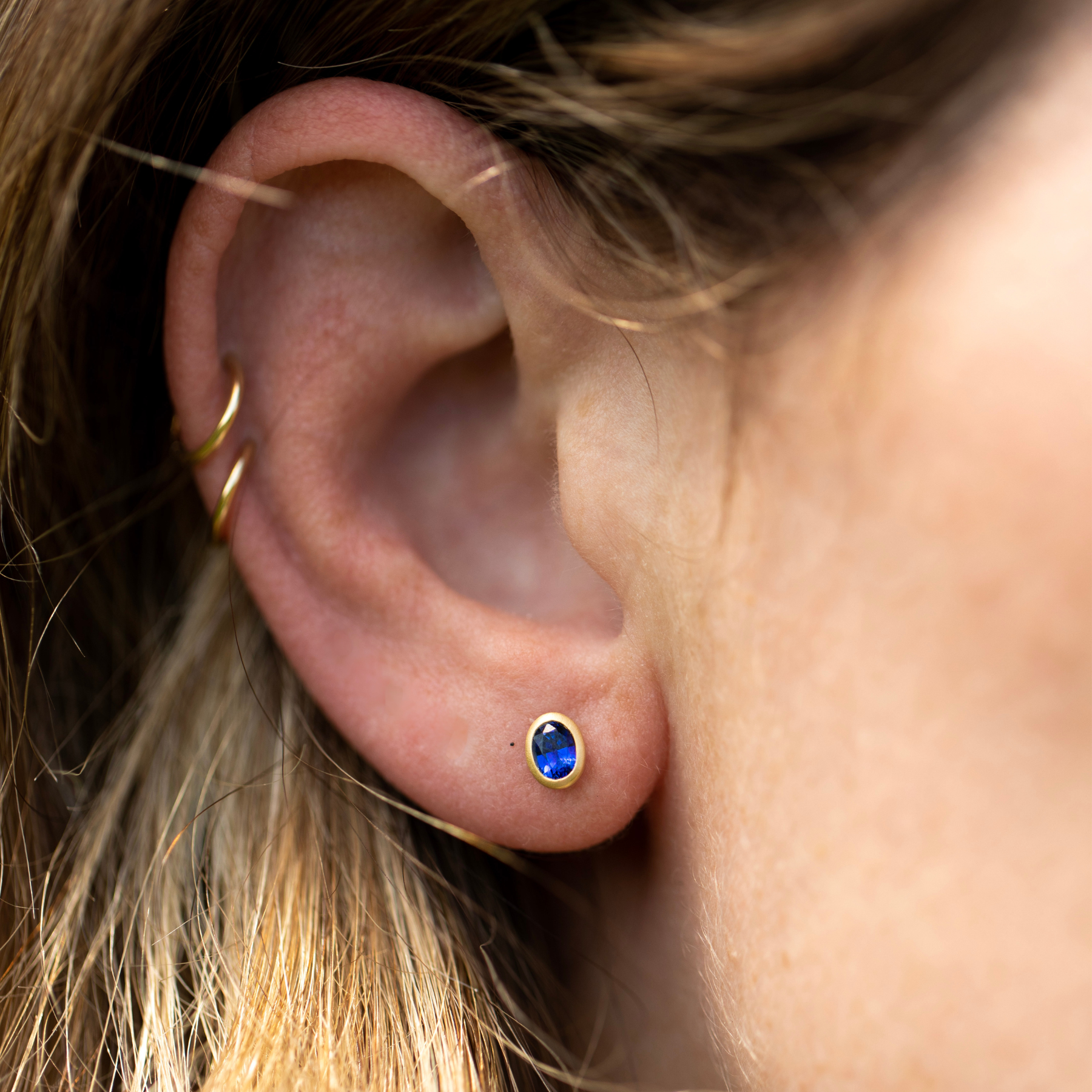 Blue Sapphire Oval Bezel Matte Stud Earrings - Consider the Wldflwrs